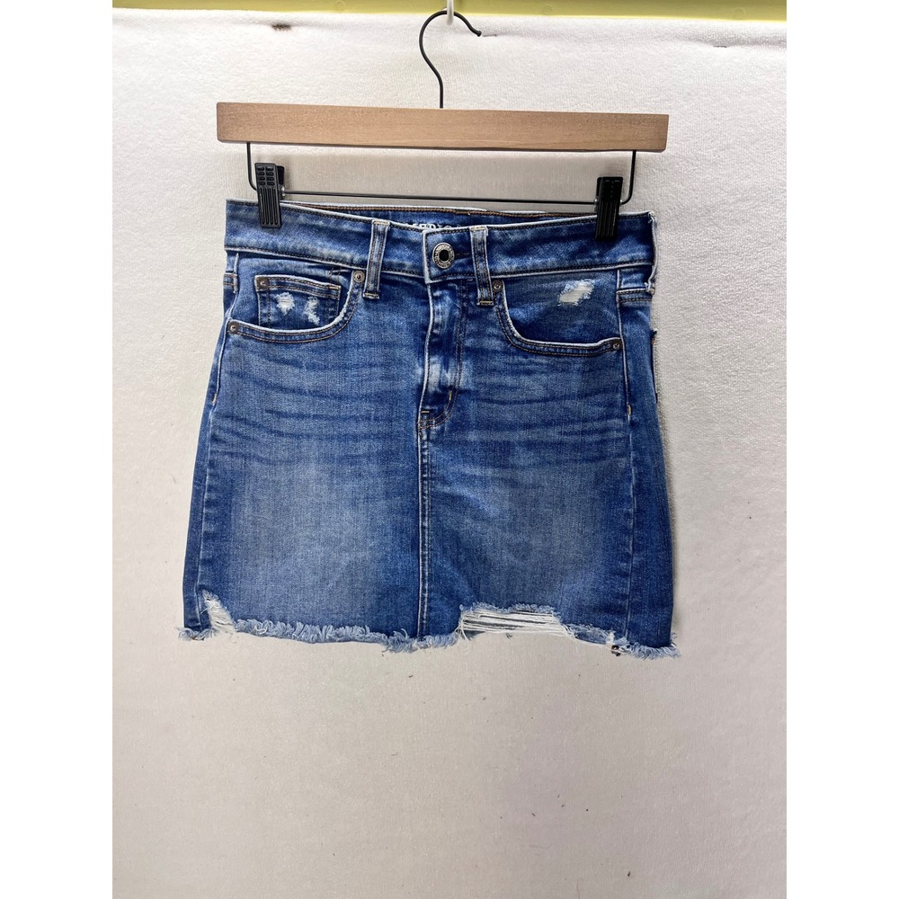 American Eagle Denim Mini‎ Skirt Womens 2 Blue Excellent Distressed Raw Hem 3315